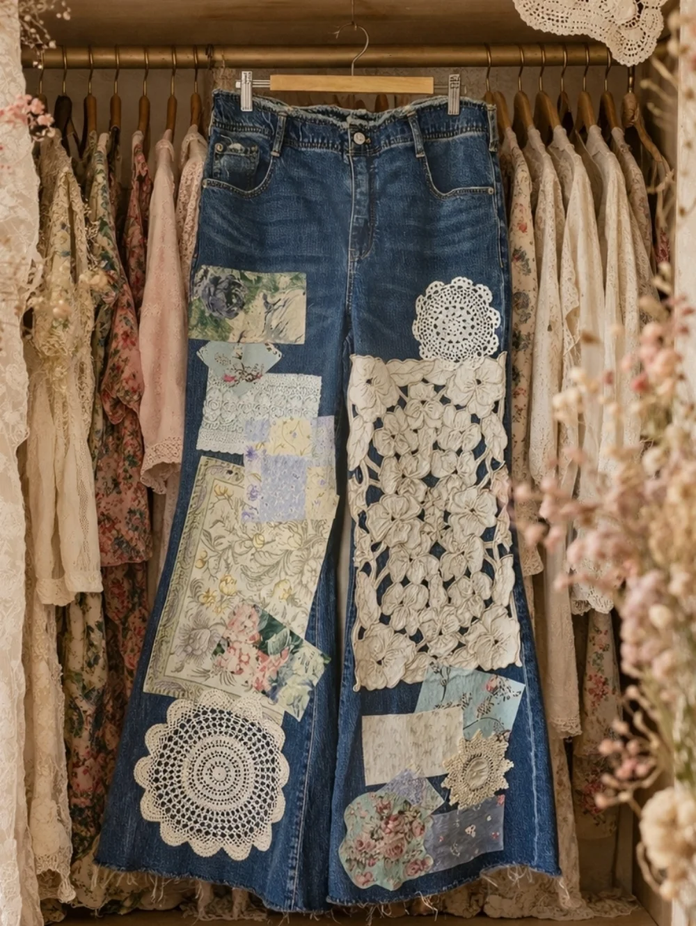 Reworked Boho Pilcro Anthropologie Jeans Size 32 Lace Applique Upcyced - Picture 10 of 10